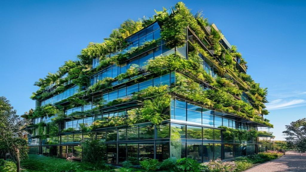 Modernes nachhaltiges Gebäude mit begrünter Glasfassade als Sinnbild für BREEAM-zertifiziertes Bauen